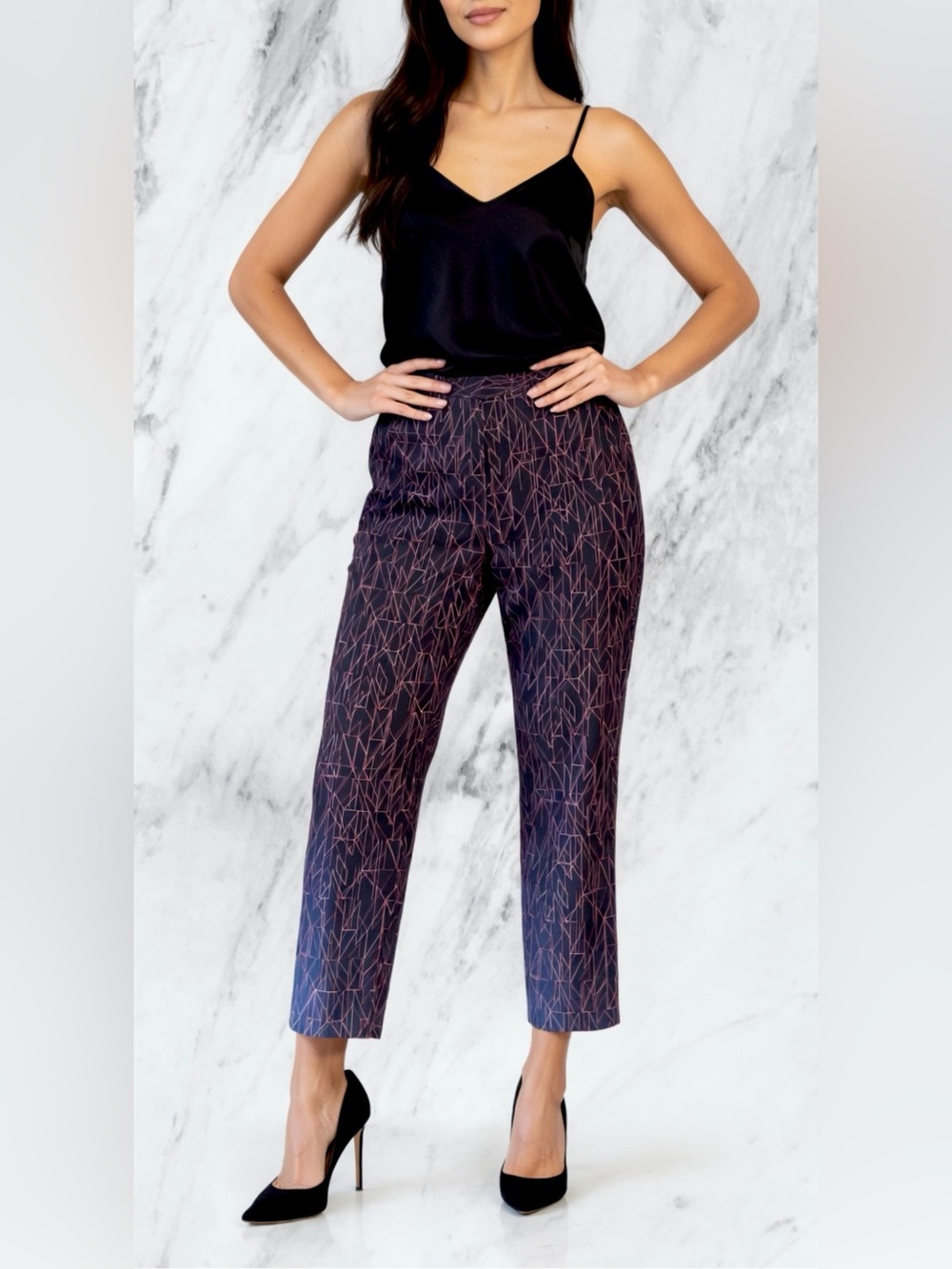 Alfani Black Cropped Pants with Pink Geometric Detail size 18W